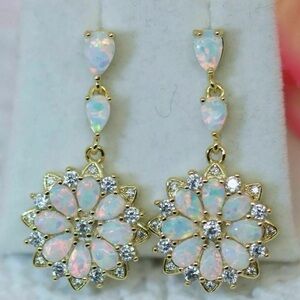 3Ct Pear Cut Lab Fire Opal Diamond Drop Dangle Earrings 14k Yellow Gold over SS